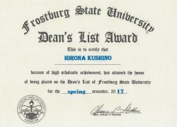 米国フロストバーグ州立大学　Dean’s List