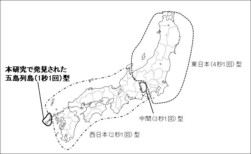 図2．ゲンジボタルの明滅パターンの地域ごとの違い