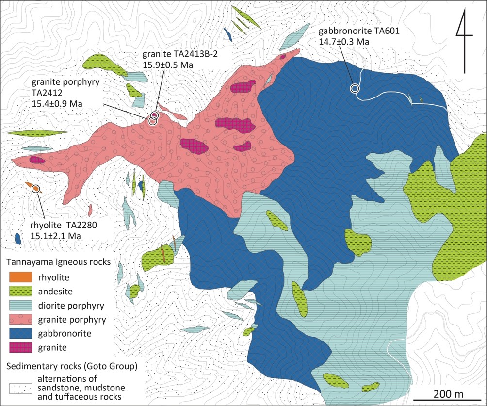 長崎県五島列島中通島丹那山周辺の地質図とU-Pb年代値