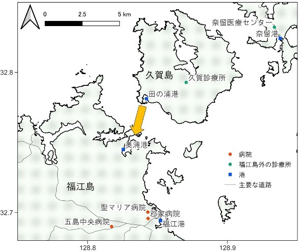 ▼久賀島（右上）と福江島（左下）の地図